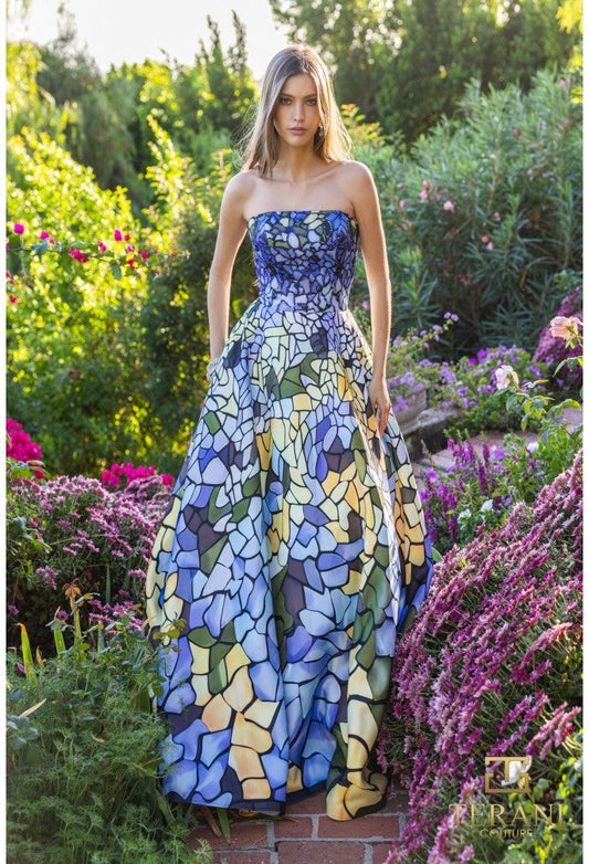 Prom Dresses Long Ball Gown Printed Formal Prom Dress Blue Multi