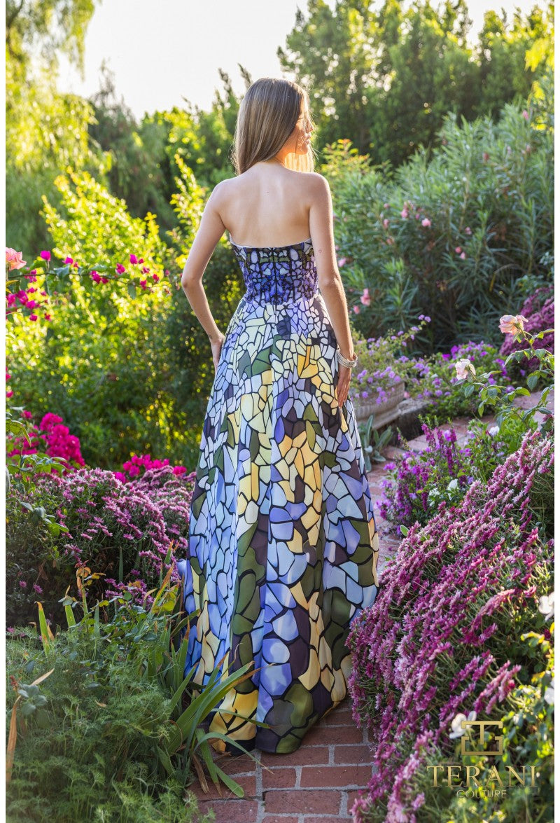 Prom Dresses Long Ball Gown Printed Formal Prom Dress Blue Multi