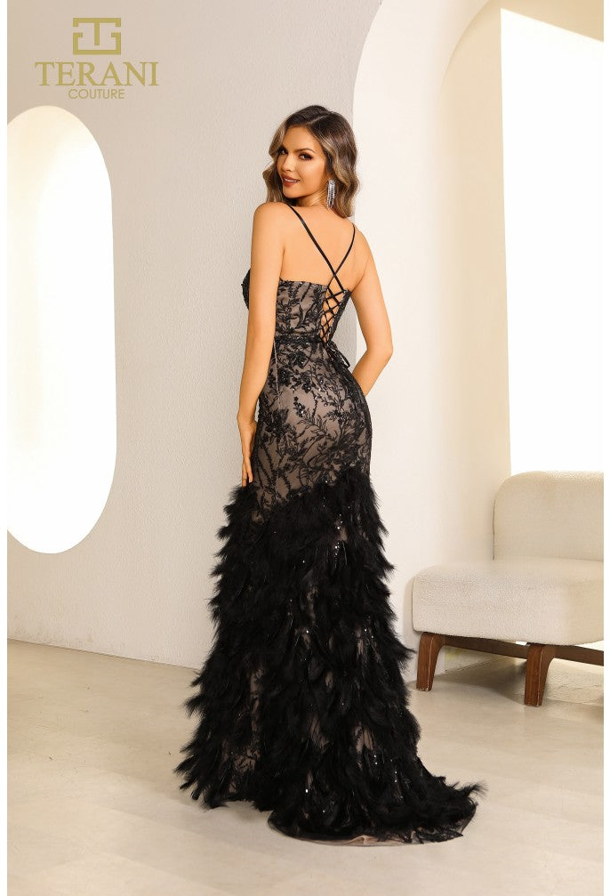 Prom Dresses Long Fitted Lace Feather Formal Prom Dress Black Nude