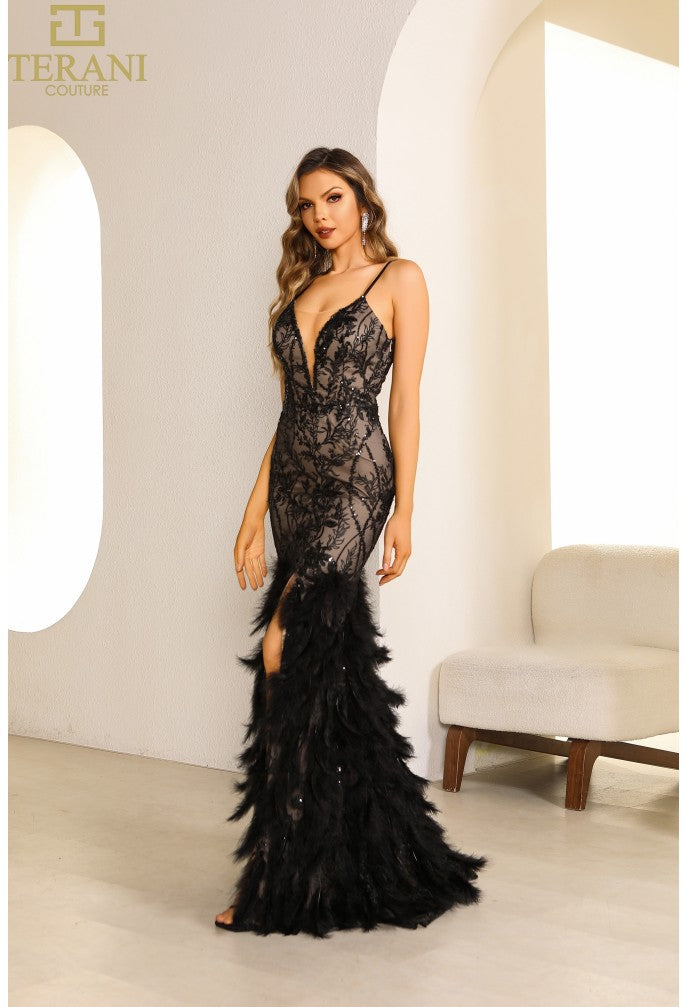 Prom Dresses Long Fitted Lace Feather Formal Prom Dress Black Nude
