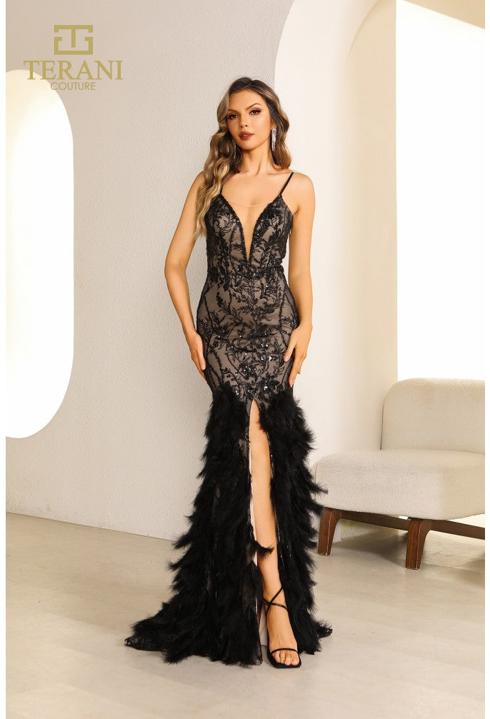 Prom Dresses Long Fitted Lace Feather Formal Prom Dress Black Nude