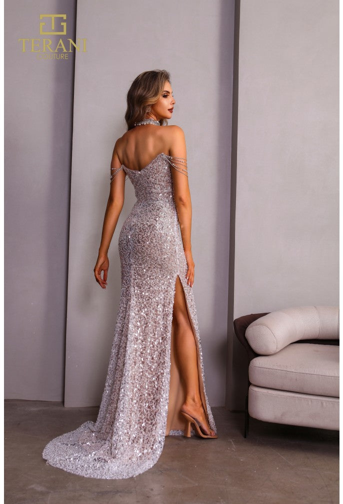 Prom Dresses Fitted Slit Formal Beaded Long Prom Dress Silver Nude