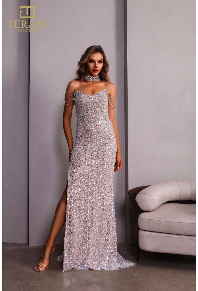 Prom Dresses Fitted Slit Formal Beaded Long Prom Dress Silver Nude