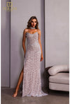 Prom Dresses Fitted Slit Formal Beaded Long Prom Dress Silver Nude