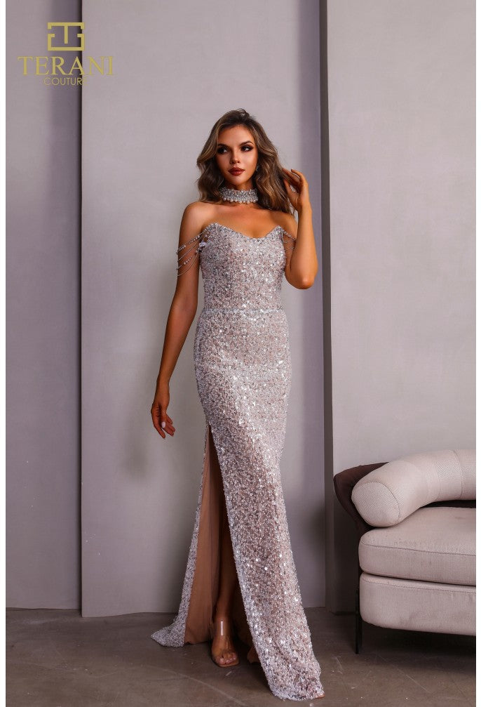 Prom Dresses Fitted Slit Formal Beaded Long Prom Dress Silver Nude
