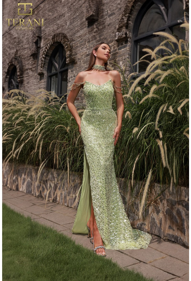 Prom Dresses Fitted Slit Formal Beaded Long Prom Dress Citrine