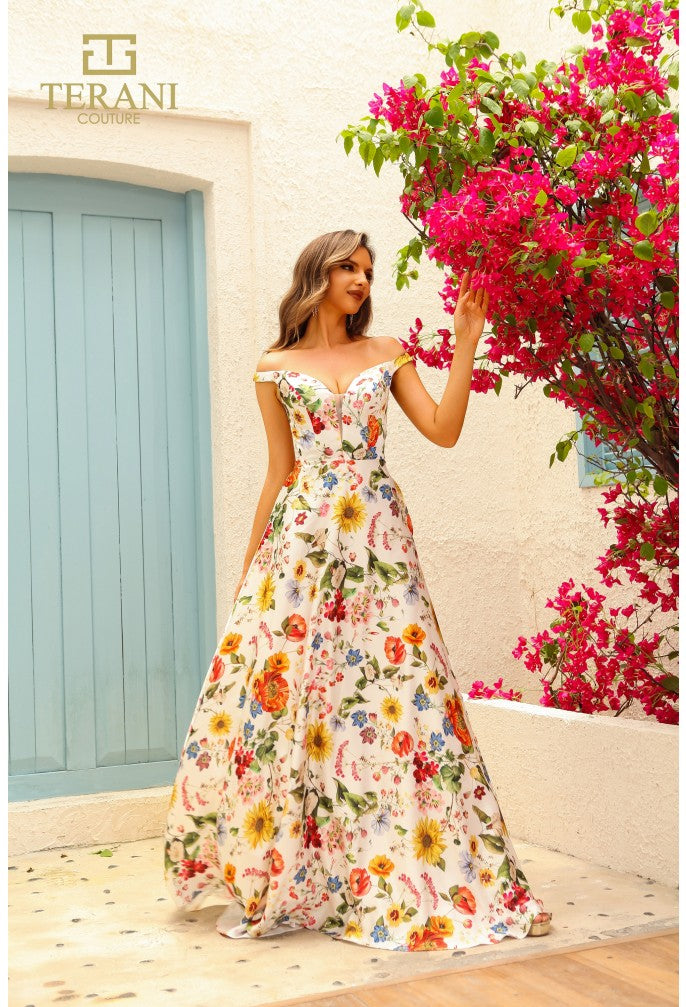 Prom Dresses A Line Long Floral Formal Prom Dress Ivory Multi