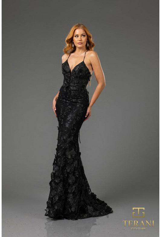 Prom Dresses Fitted Long Formal Floral Applique Prom Dress Black