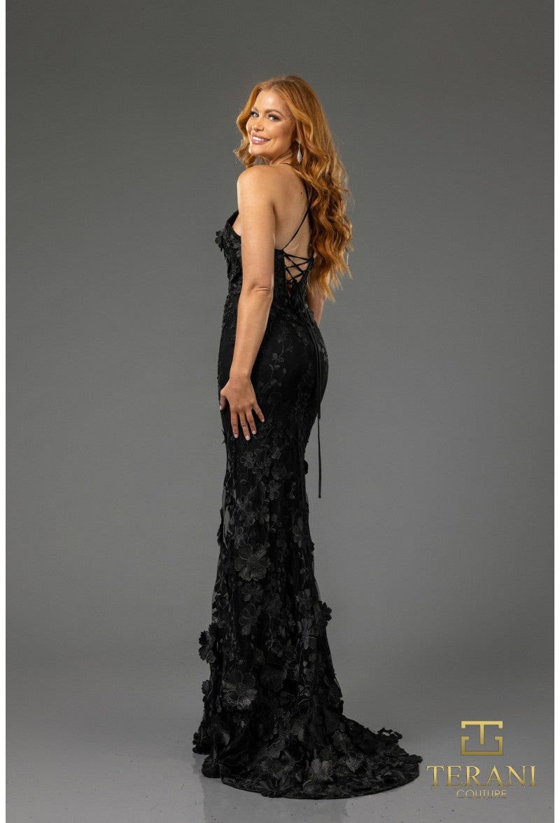 Prom Dresses Fitted Long Formal Floral Applique Prom Dress Black