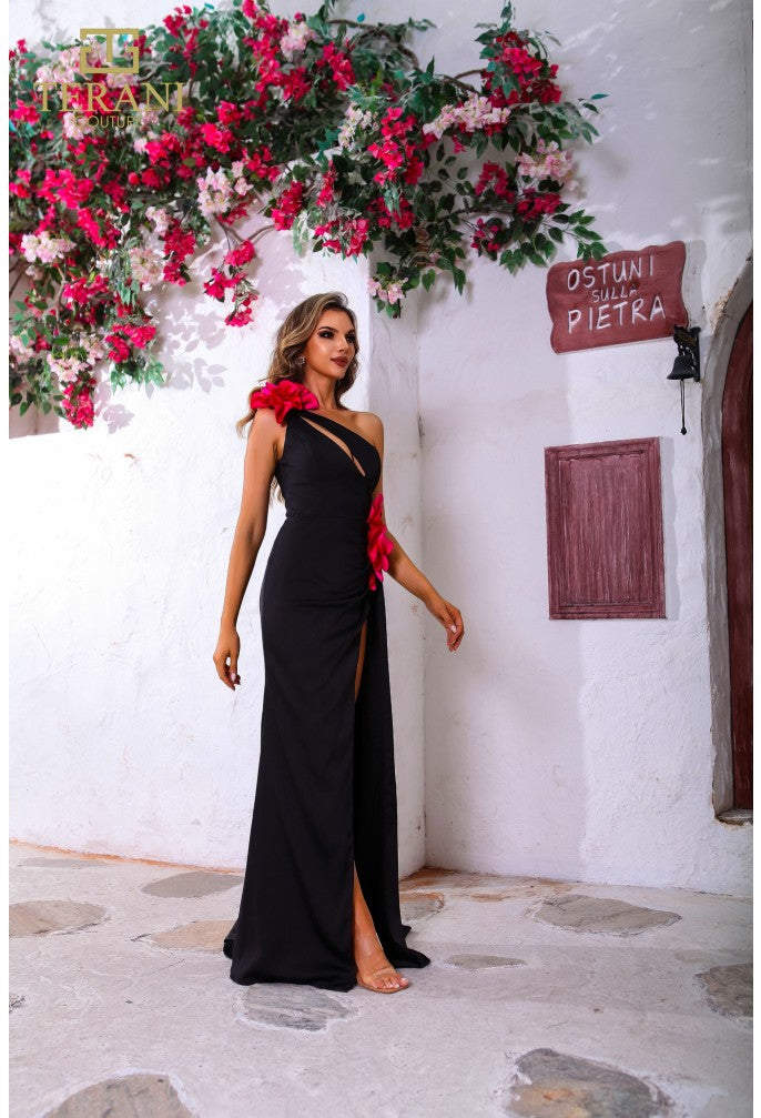 Prom Dresses Long Fitted Formal 3D Floral Prom Dress Black Pink