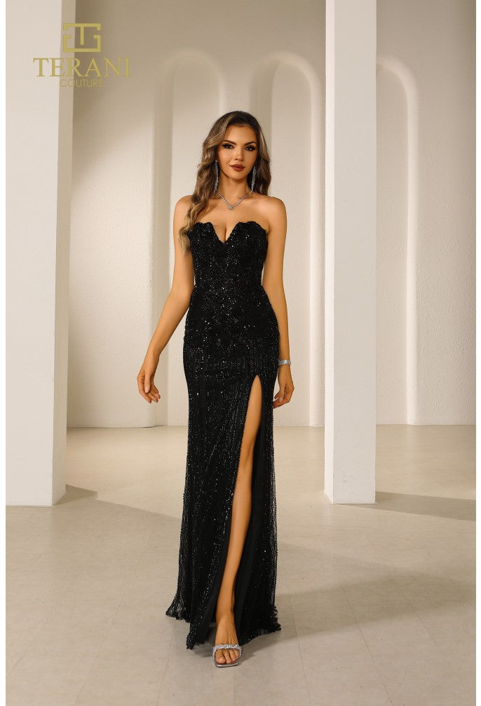 Prom Dresses Beaded Slit Long Formal Prom Dress Black/Black