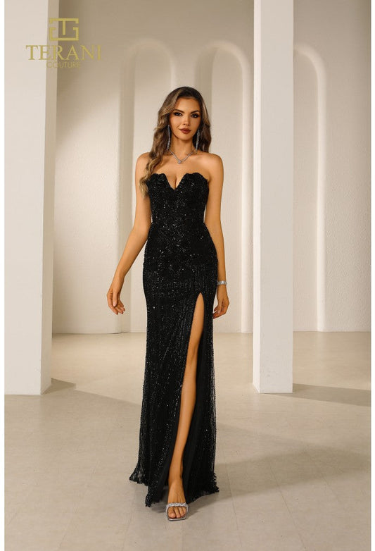 Prom Dresses Beaded Slit Long Formal Prom Dress Black/Black
