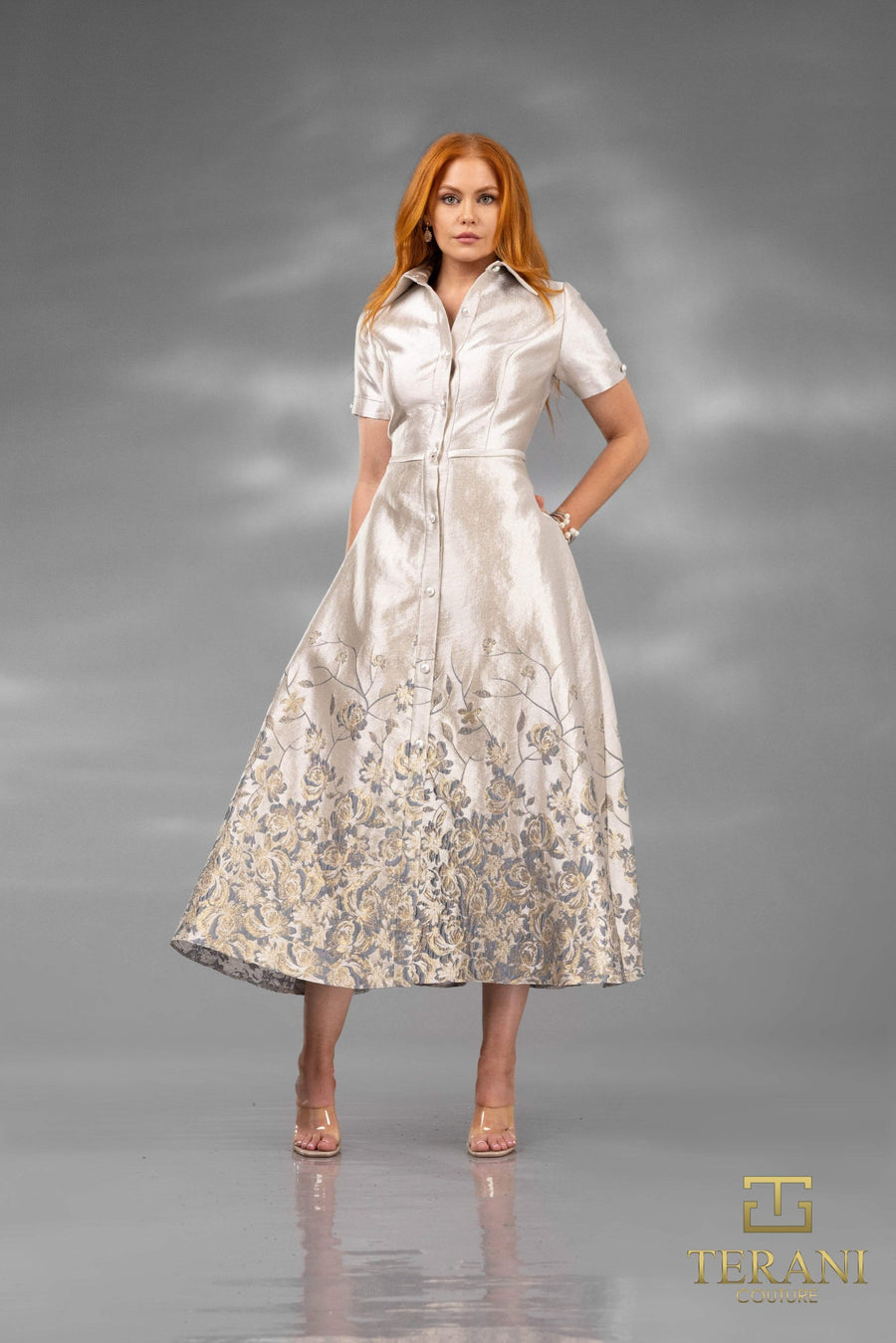 Cocktail Dresses Floral A Line Tea Length Cocktail Dress Silver Brown