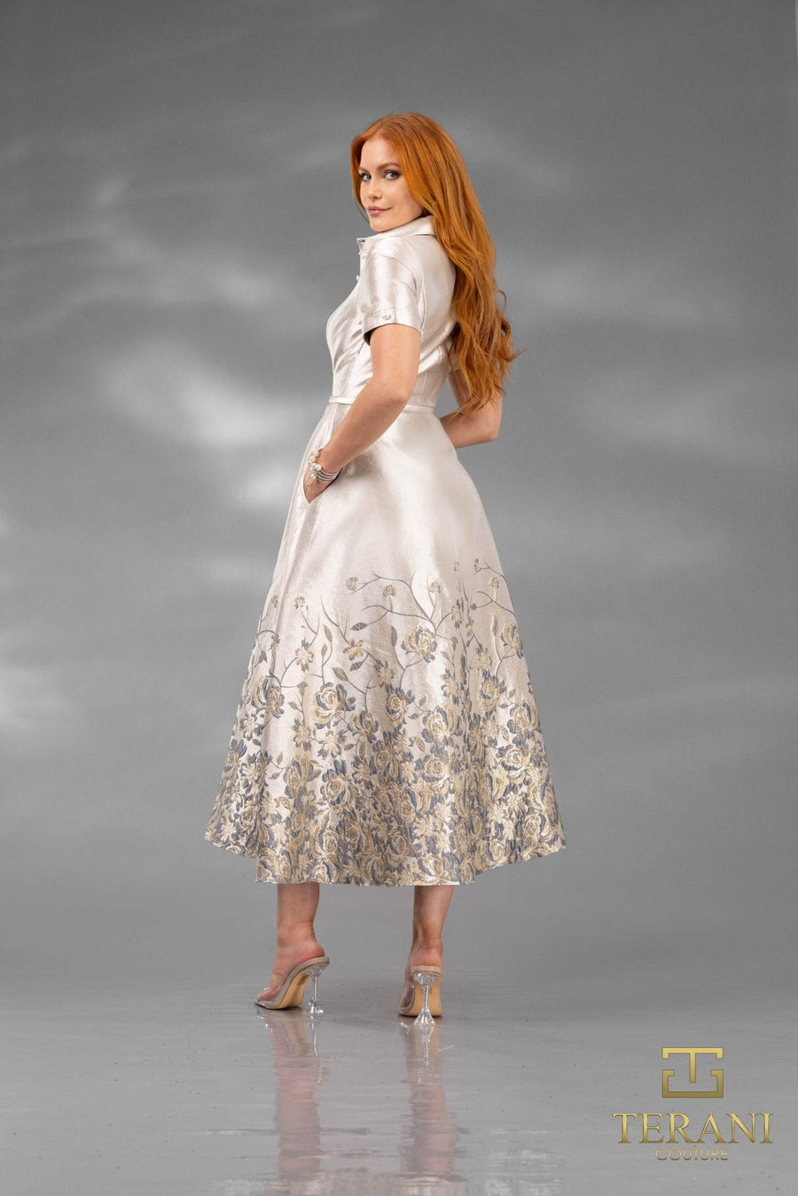 Cocktail Dresses Floral A Line Tea Length Cocktail Dress Silver Brown