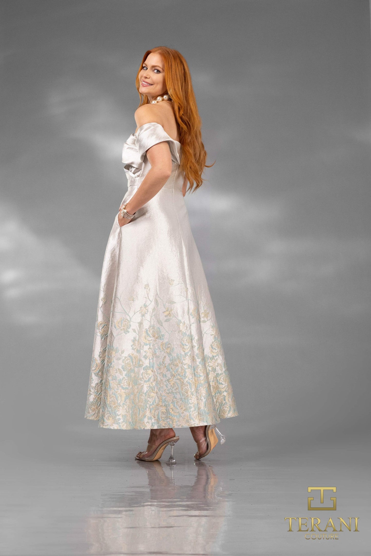 Cocktail Dresses Tea Length Floral A Line Cocktail Dress Silver Lt Green