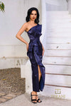 Cocktail Dresses Bodycon Ruffle Slit Fitted Tea Length Dress Navy