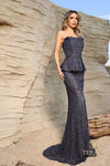 Prom Dresses Long Formal Metallic Lace Peplum Prom Dress Navy Nude