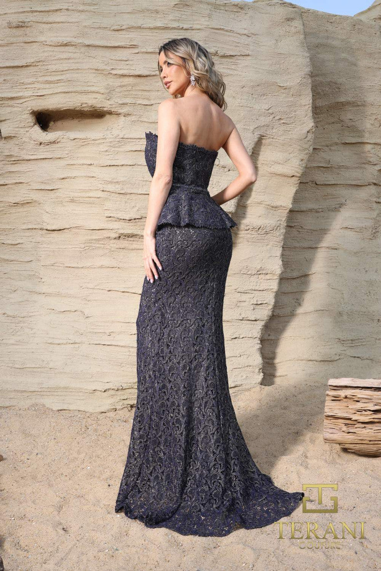 Prom Dresses Long Formal Metallic Lace Peplum Prom Dress Navy Nude