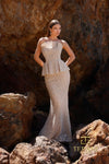 Prom Dresses Long Formal Metallic Lace Peplum Prom Dress Champagne