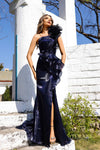 Prom Dresses Long Ruffle Formal Fitted Slit Prom Dress Navy