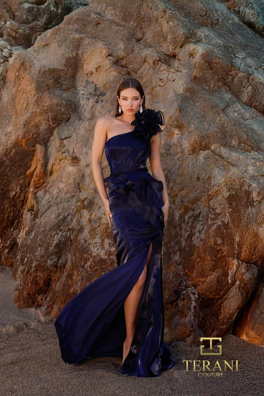 Prom Dresses Long Ruffle Formal Fitted Slit Prom Dress Navy