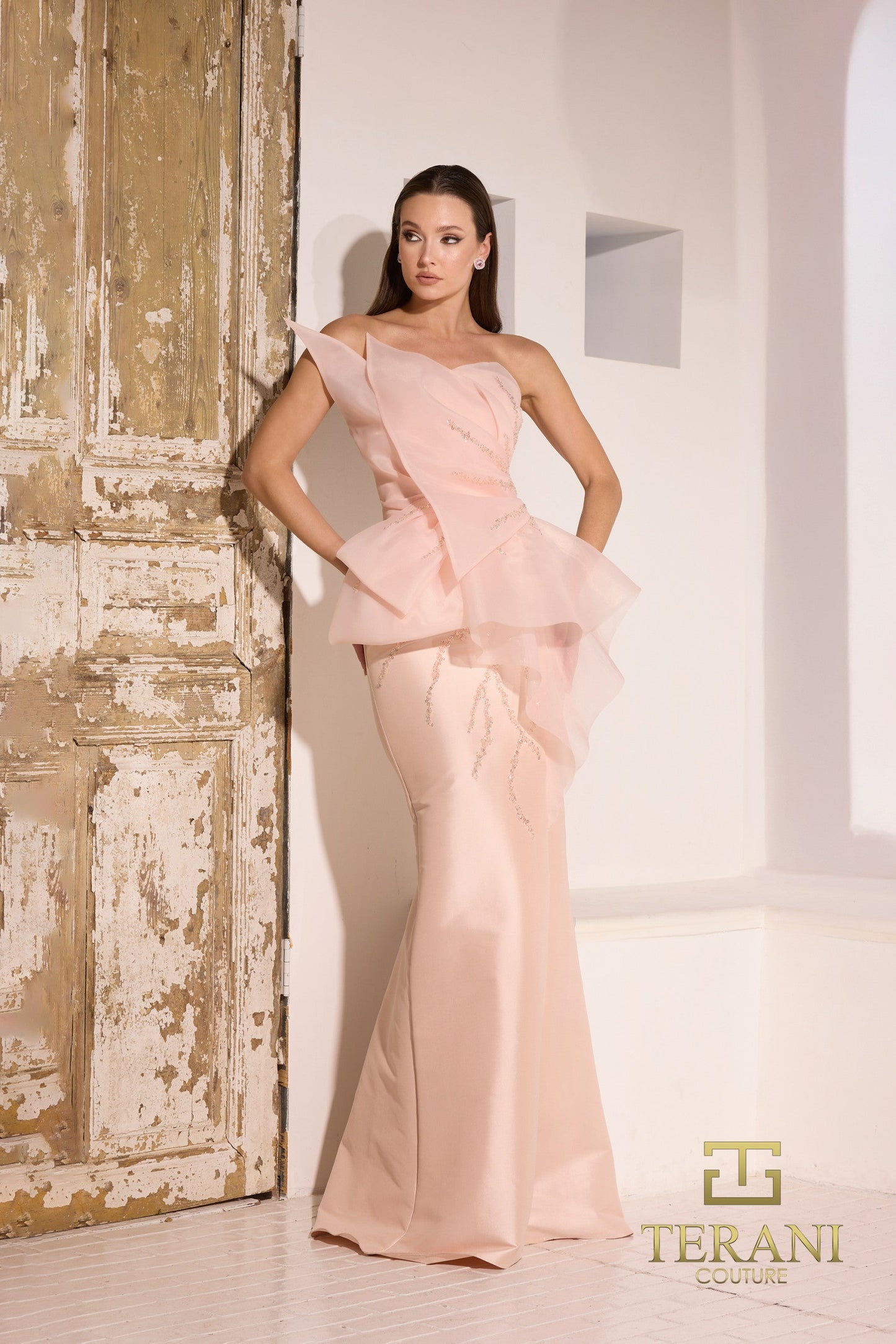 Formal Dresses Long Evening Formal Peplum Fitted Dress Blush
