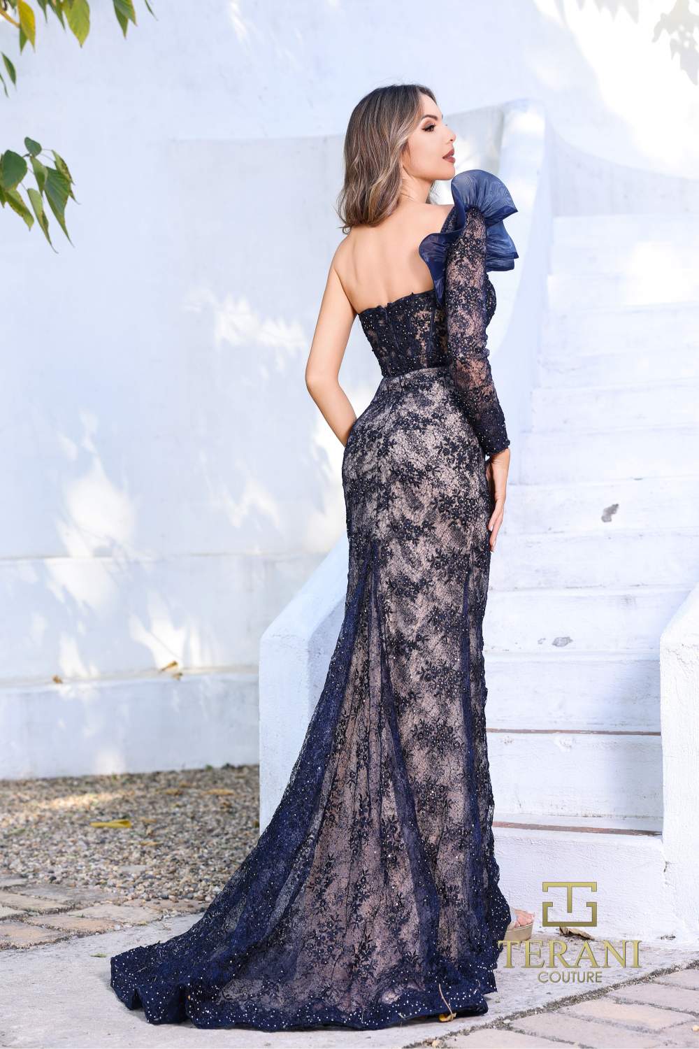 Formal Dresses  Long Fitted Corset Lace Formal Dress Navy Nude