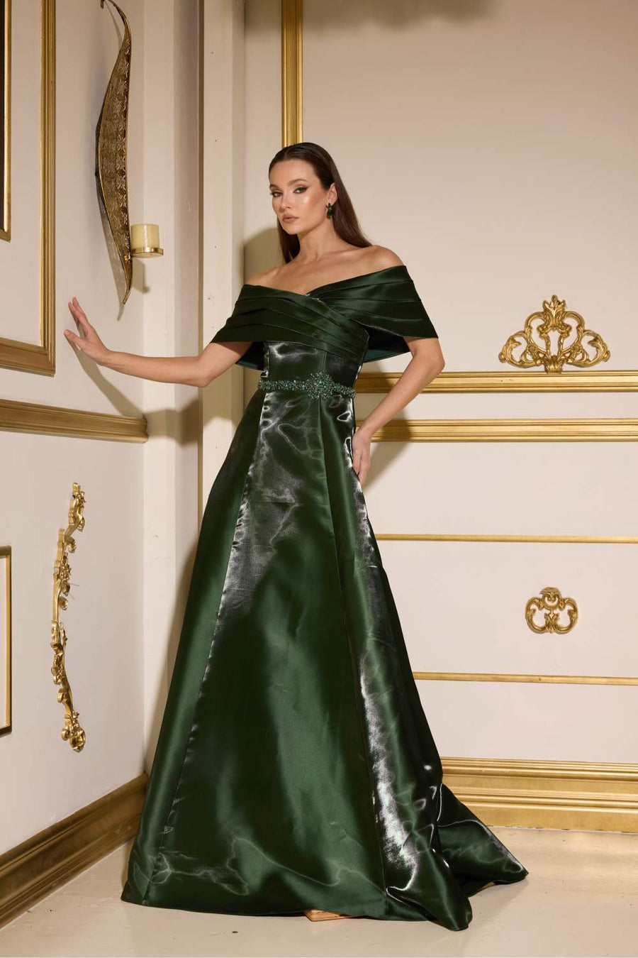 Formal Dresses Pleated Long Formal A Line Beaded Evening Dress Emerald
