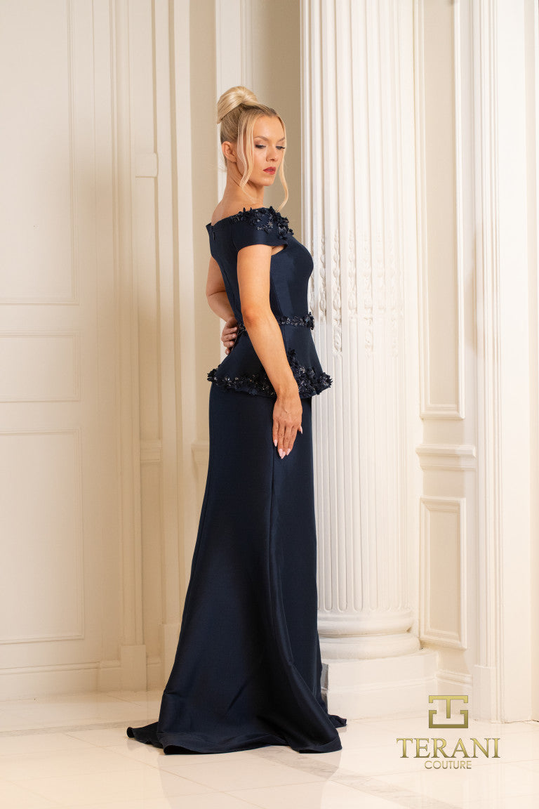 Formal Dresses Fitted Long Formal Peplum Evening Dress Navy
