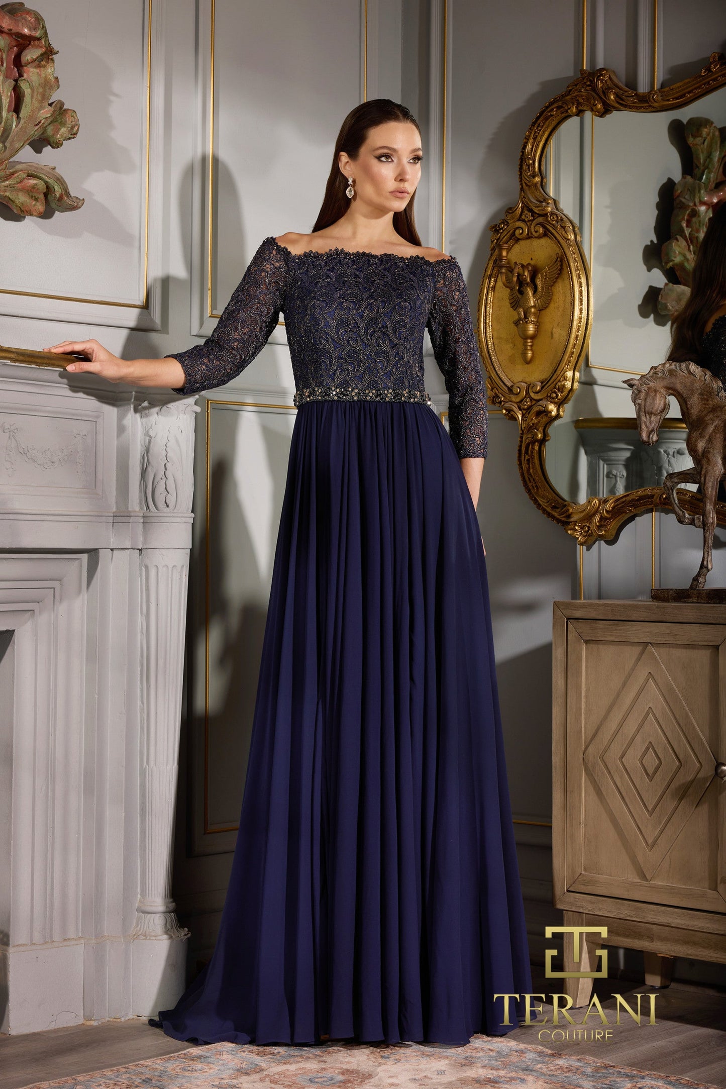 Mother of the Bride Dresses Long Formal Metallic Lace Evening Dress Navy