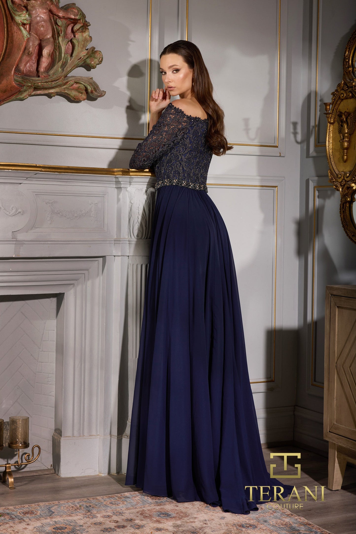 Mother of the Bride Dresses Long Formal Metallic Lace Evening Dress Navy