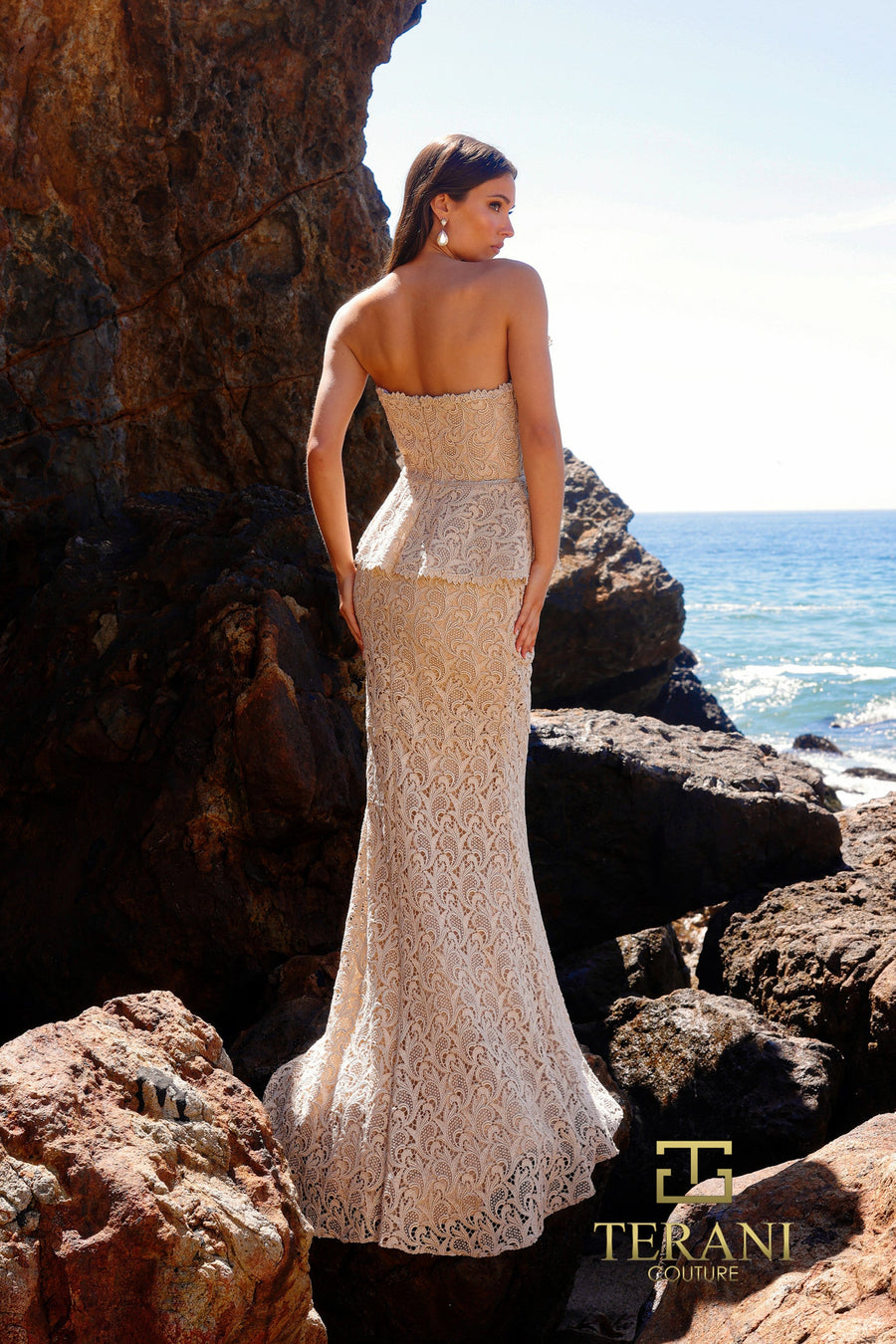 Prom Dresses Long Formal Metallic Lace Peplum Prom Dress Champagne