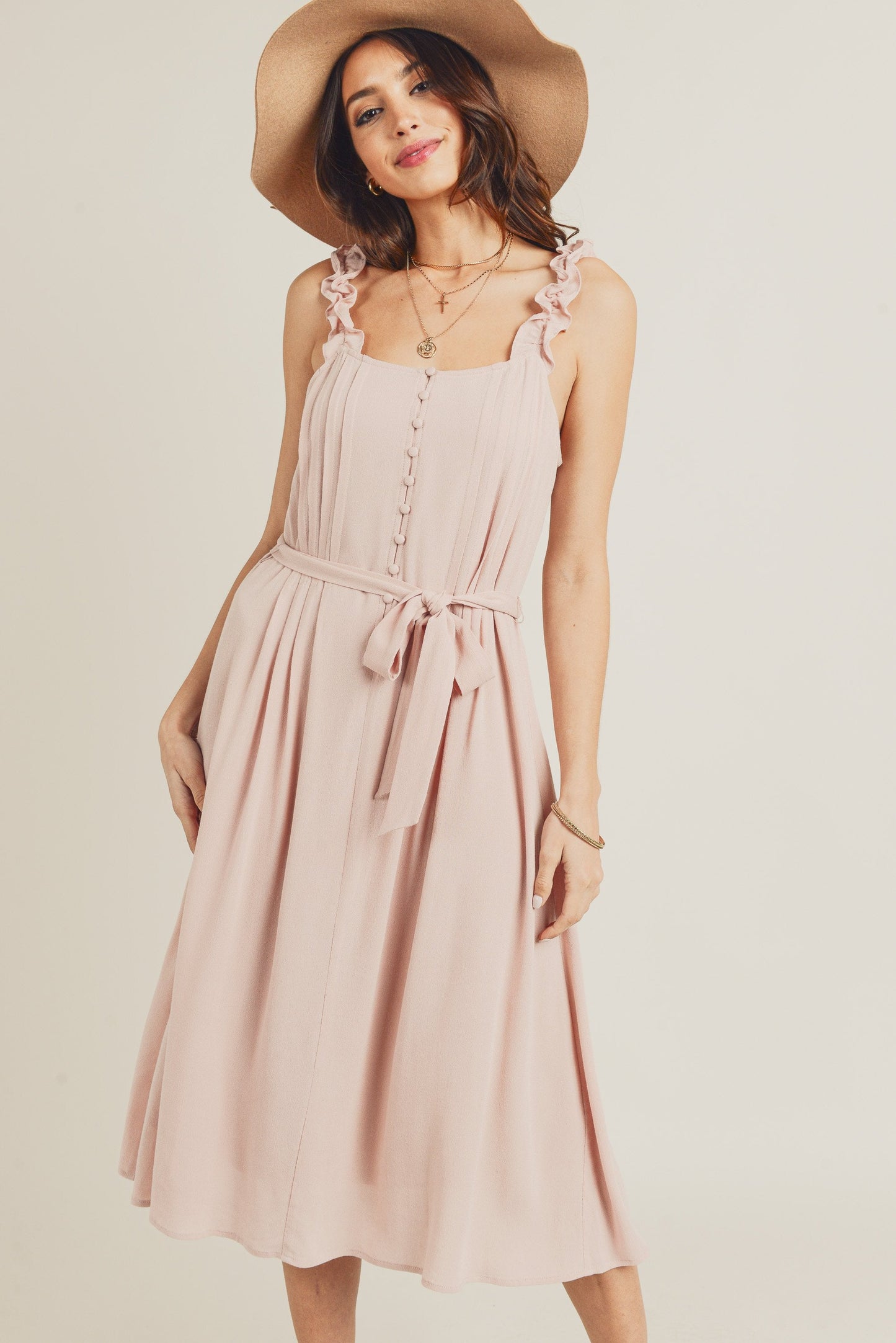 Cocktail Dresses Sleeveless Ruffle Strap Midi Dress Dusty Pink