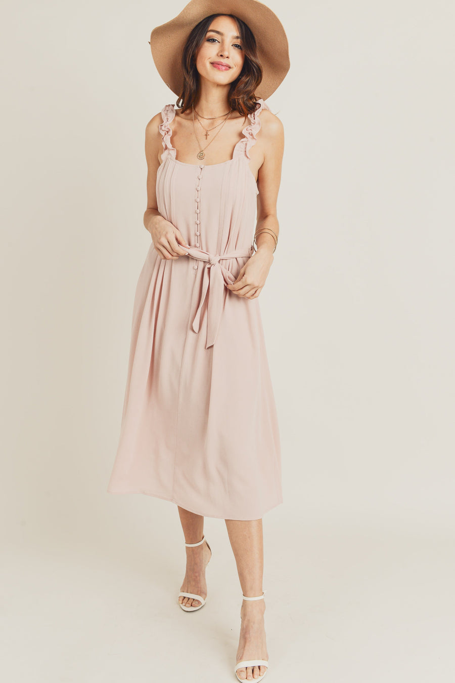 Cocktail Dresses Sleeveless Ruffle Strap Midi Dress Dusty Pink