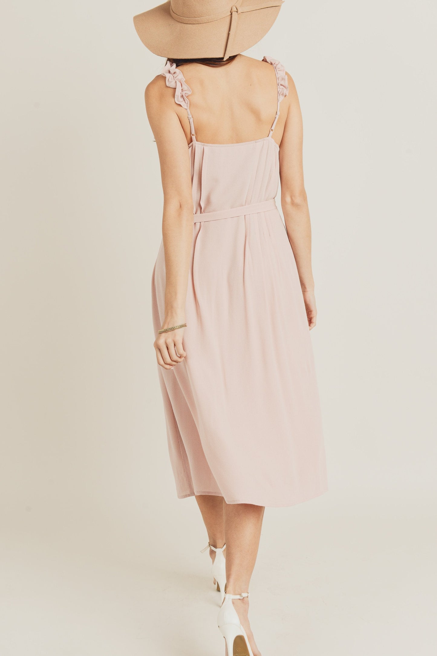 Cocktail Dresses Sleeveless Ruffle Strap Midi Dress Dusty Pink