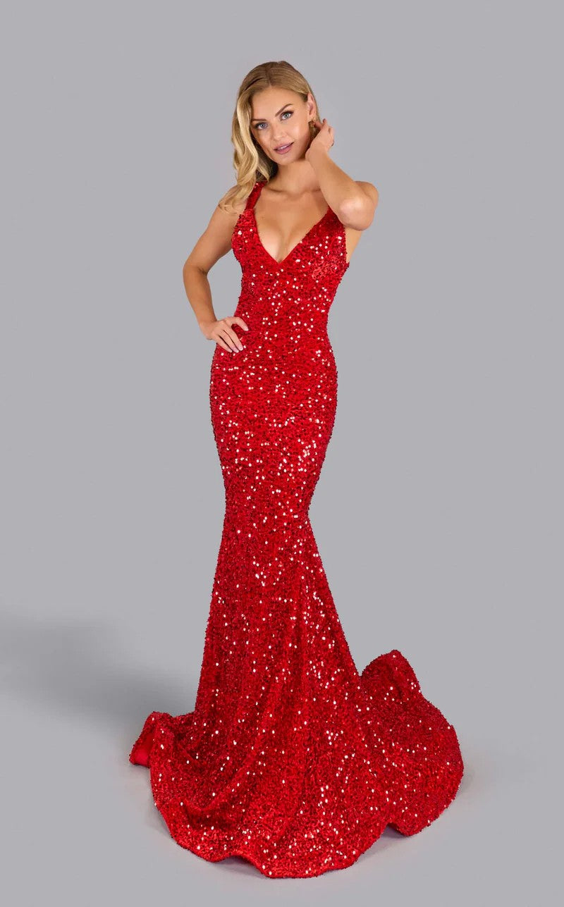 Prom Dresses Velvet Long Formal Mermaid Sequin Prom Dress Red