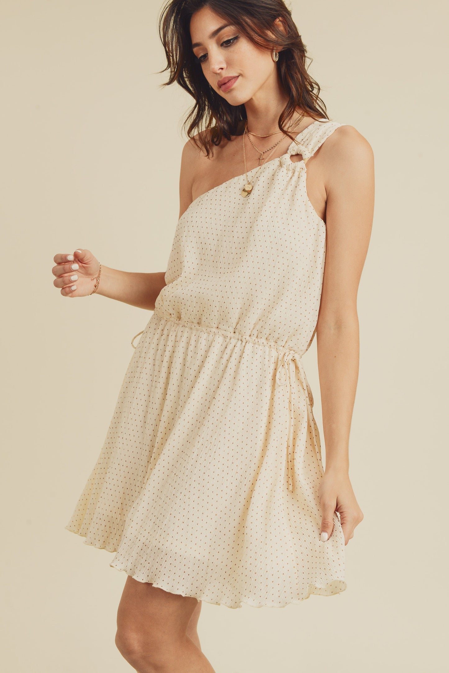 Cocktail Dresses Short One Shoulder Crinkle Dress Beige