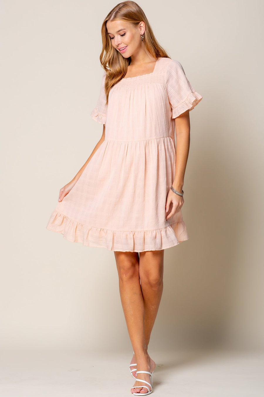 Cocktail Dresses Short Sleeve Ruffle Detail Tunic Dress Blush