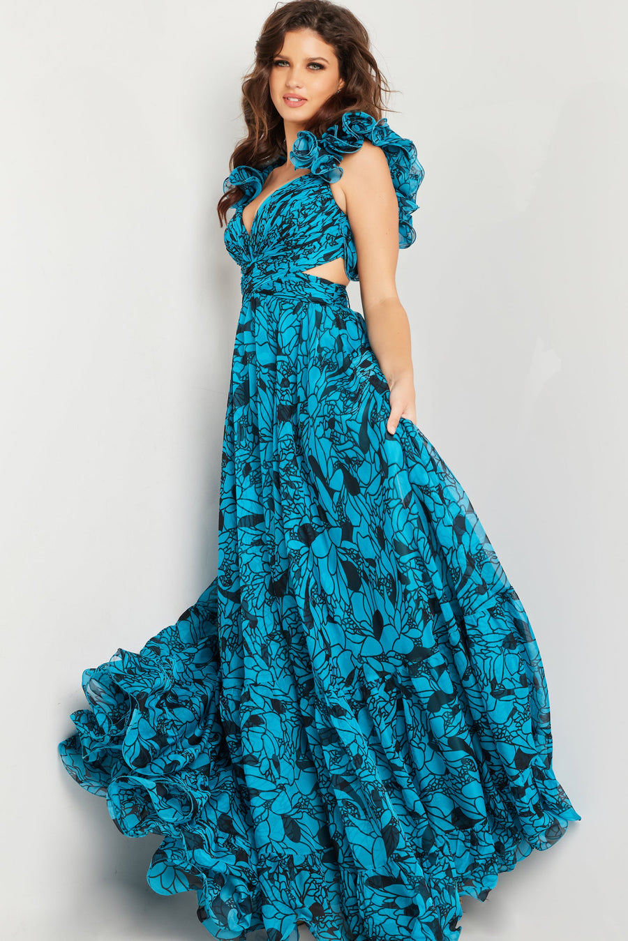 Prom Dresses Ruched Bodice Flowy Long Formal Prom Dress Print