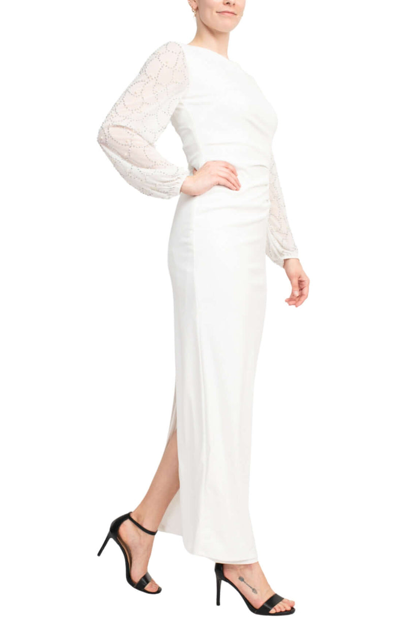 Formal Dresses Pleated Long Sleeve Formal Evening Dress Ivory