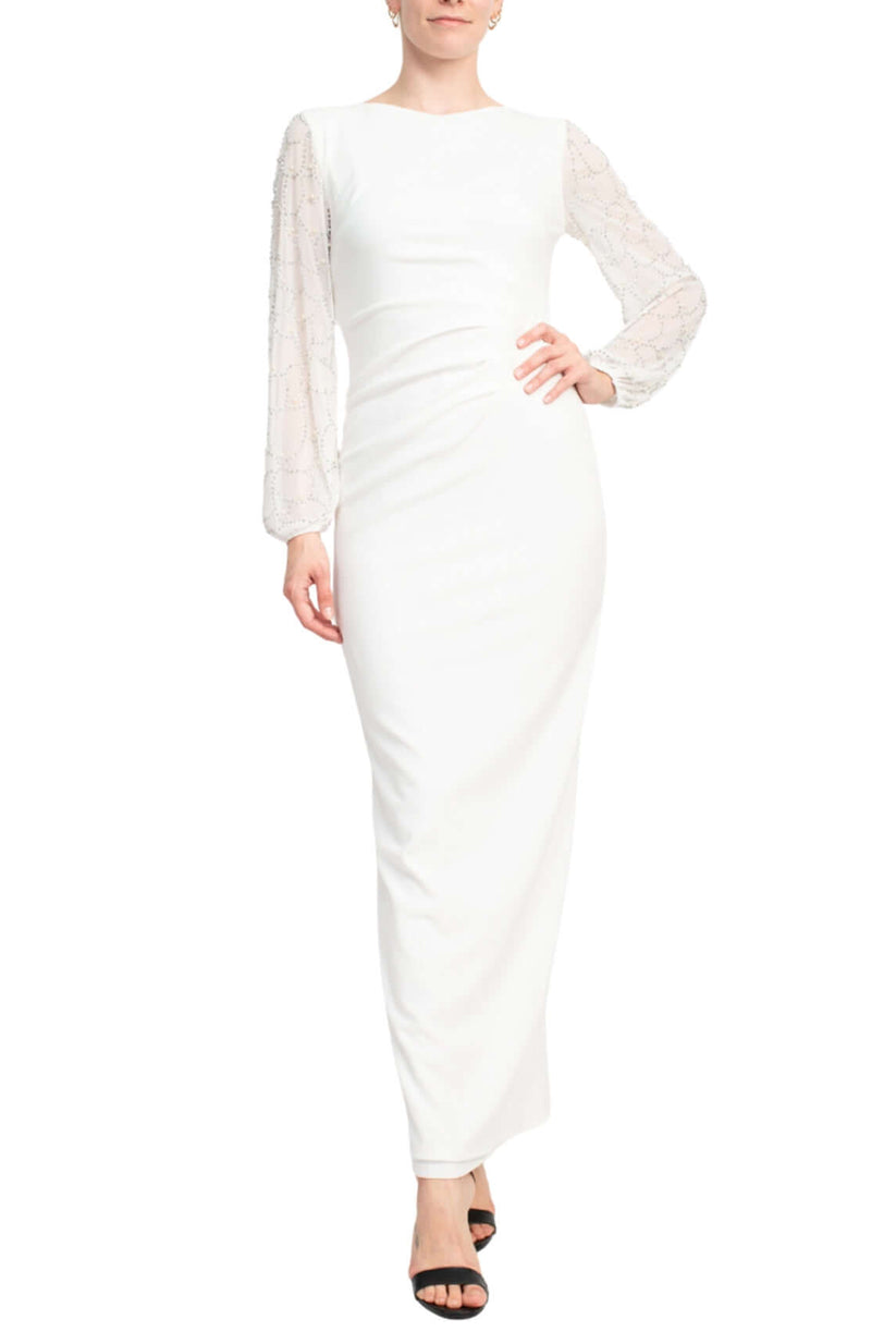 Formal Dresses Pleated Long Sleeve Formal Evening Dress Ivory