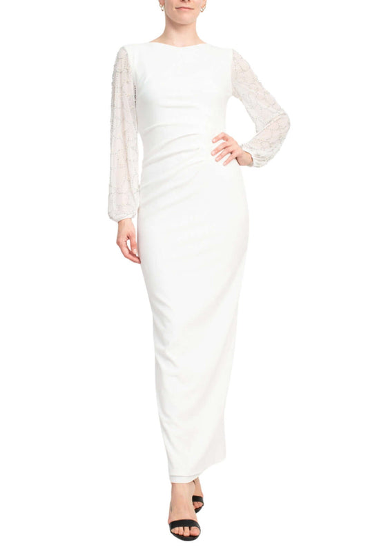Formal Dresses Pleated Long Sleeve Formal Evening Dress Ivory
