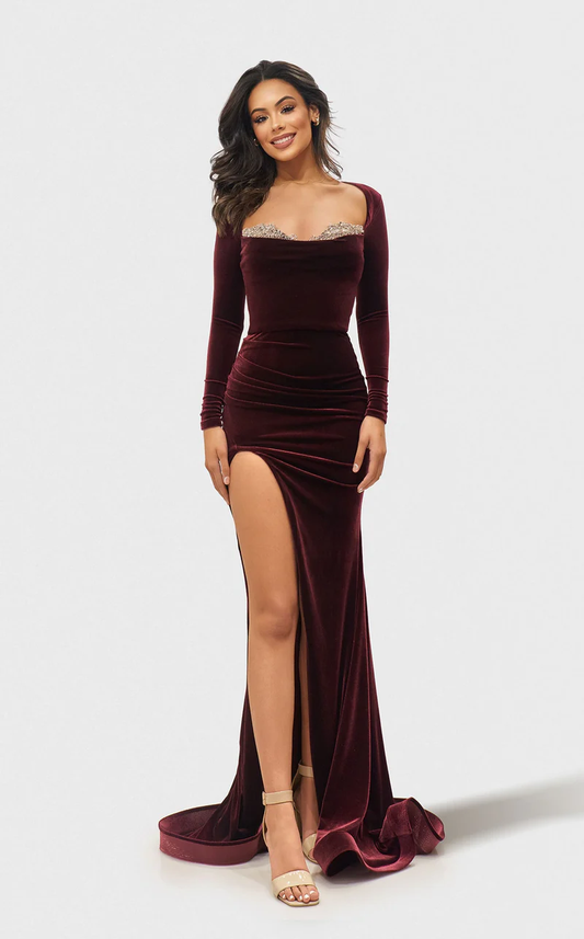 Formal Dresses Fitted Long Sleeve Mermaid Velvet Evening Dress Dark Burgundy