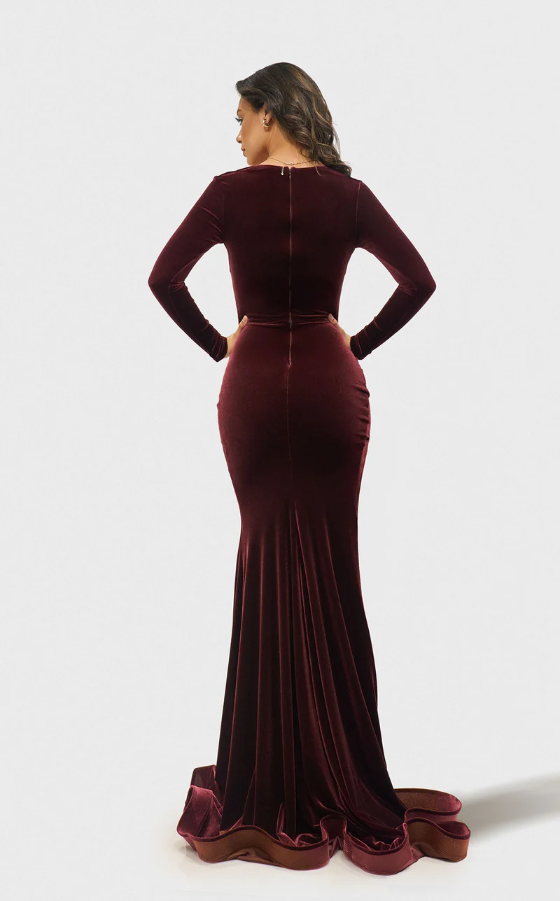 Formal Dresses Fitted Long Sleeve Mermaid Velvet Evening Dress Dark Burgundy