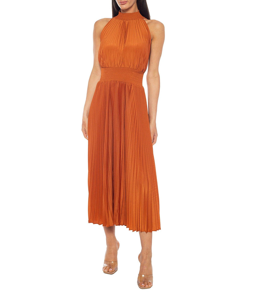 Cocktail Dresses Pleated Midi Length A Line Cocktail Dress Cognac