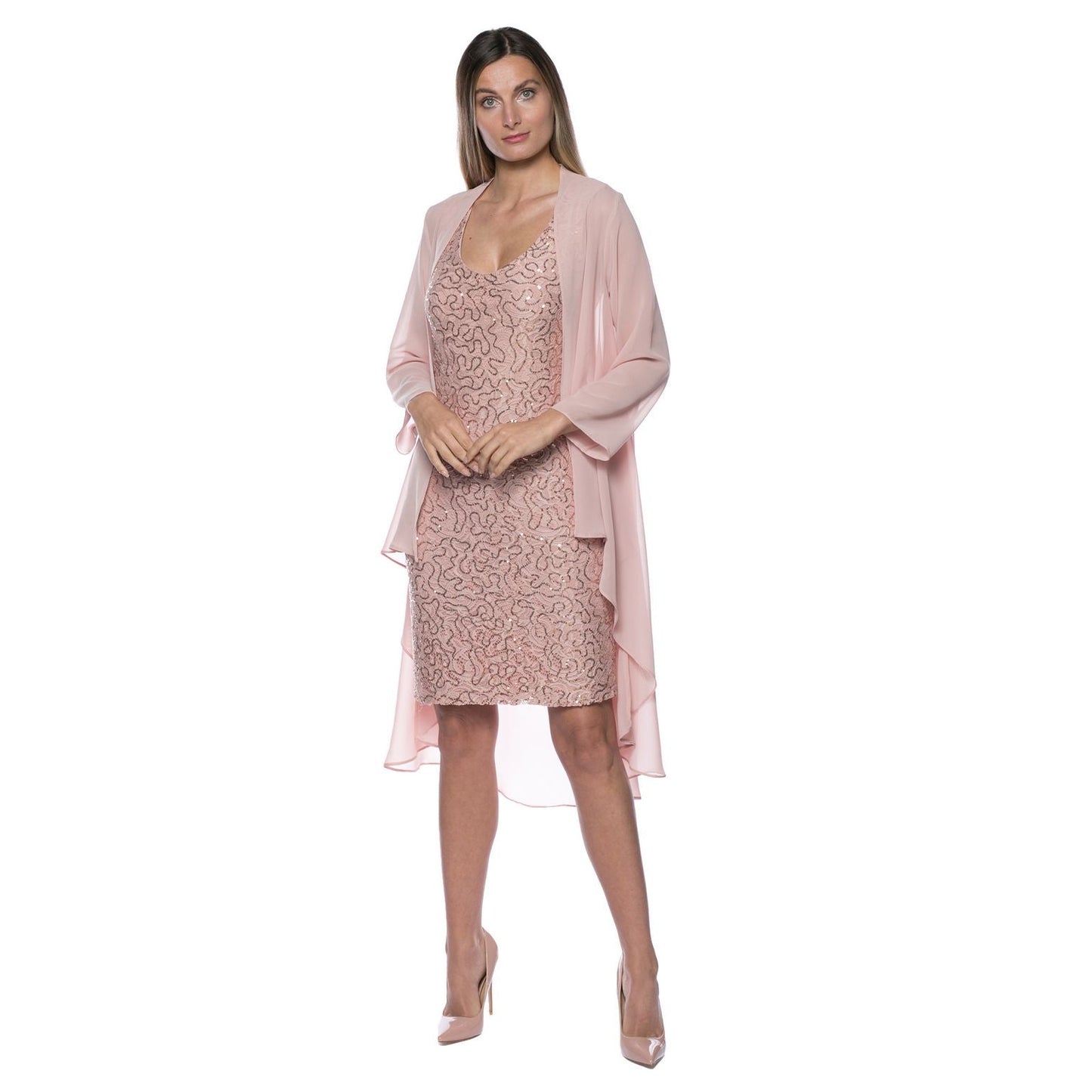 فستان مارينا قصير من الشيفون مع جاكيت من الترتر