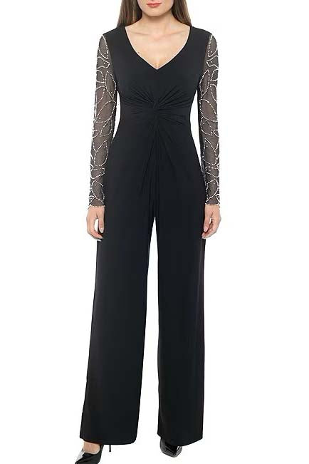 Jumpsuit Beaded Long Sleeve Formal Jumpsuit Black
