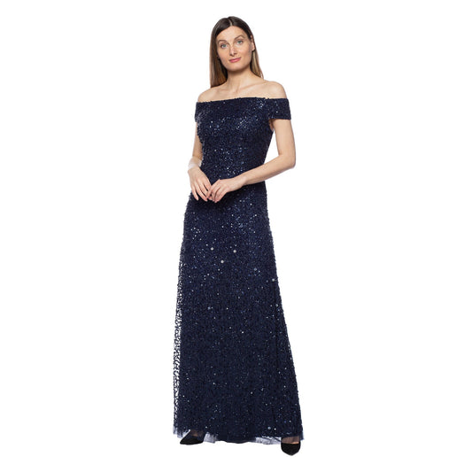 Formal Dresses Long Off Shoulder Formal Beaded Dress Navy