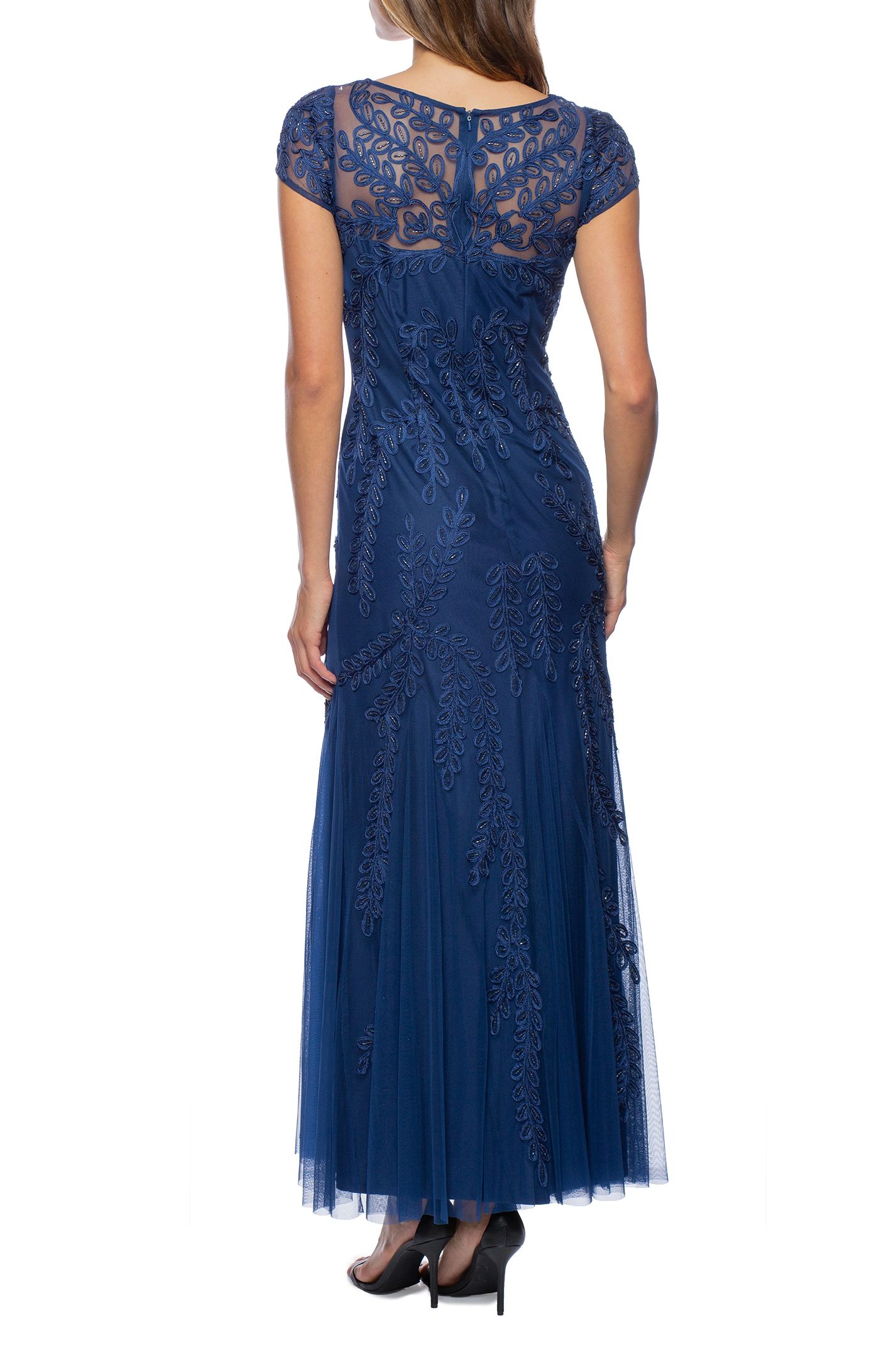 Mother of the Bride Dresses Long Illusion Boat Neck Mesh Dress Navy