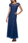 Mother of the Bride Dresses Long Illusion Boat Neck Mesh Dress Navy